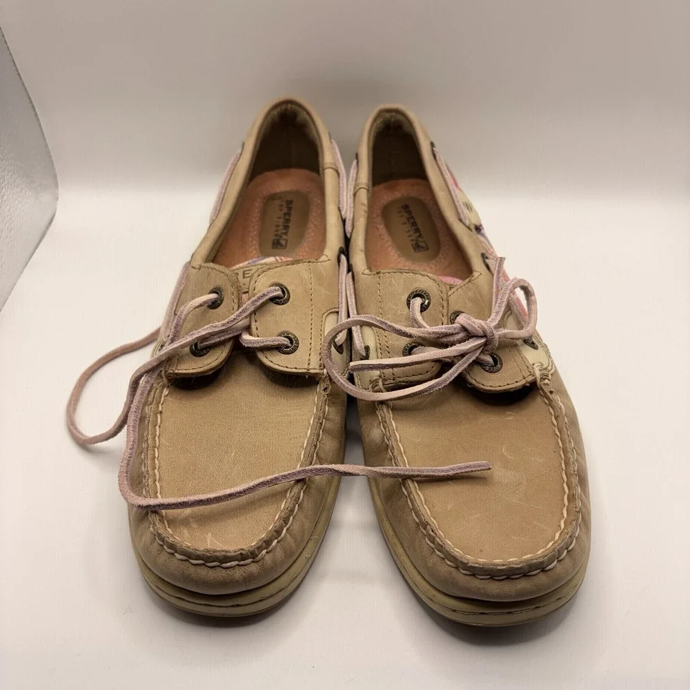 Sperry Top-Sider Women's 9M Tan Leather Pink Plaid Boat Shoes Loafers